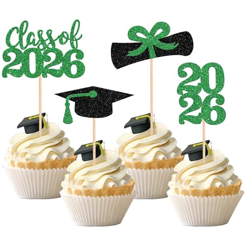36 PCS 2026 Graduation Theme Cupcake Toppers Glitter Class of 2026 Grad Cap Diploma Cupcake Picks 2026 Graduation Theme Party Cake Decorations Supplies Green