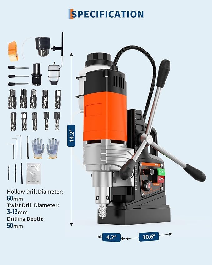 Image of ACEKOOL Mag Drill with 1.57 inch Boring Diameter, 1650w Power, 2922Lbf Power Portable Magnetic Presses, 810 RPM, for Metal Surface, Industrial & Home Improvement (10 Drill Bits, 3 Twist Drills & Plast)