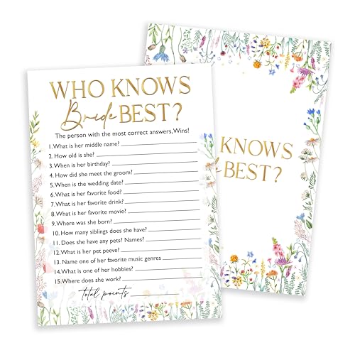 Wildflowers Games Cards, Wedding Shower Games Set, Who Knows Bride Best Bridal Shower Game, Spring Flower Themed Bachelorette Party Game, Engagement Party Supplies, Set Of 25 Cards-06