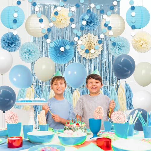 Dusty Blue Party Decorations Blue Birthday Party Balloons Paper Fans Pom Poms Tassel Garland Fringe Curtain for Birthday Baby Shower Bridal Shower Supplies — view 3