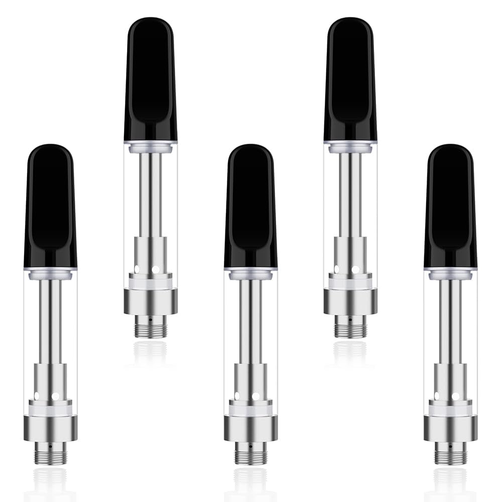 5 Pack 1ML CBD Atomizer Ceramic Core Stainless Steel Drip Tip | 510 Thread Vape Cartridge Refillable for CBD and Thick Oil Vape Pen | Silver/Liquid Free Nicotine Free