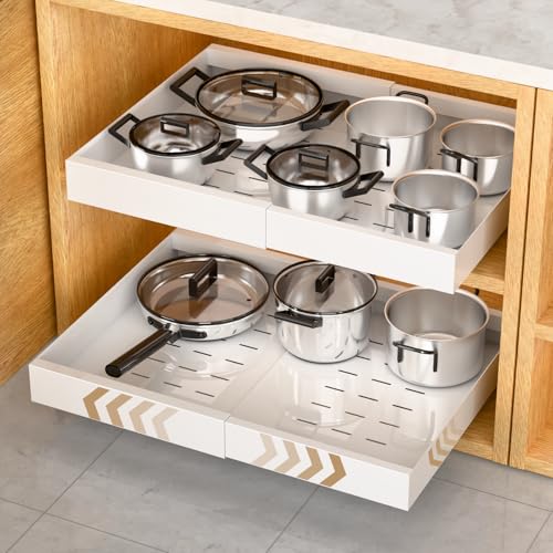 2 Pack Pull Out Drawers for Cabinets, Expandable(31cm to 53cm W) Pull Out Cabinet Organizer, Pull Out Drawers with Adhesive Film for Kitchen Cabinet, Laundry, Pantry, Bathroom-42cm Deep