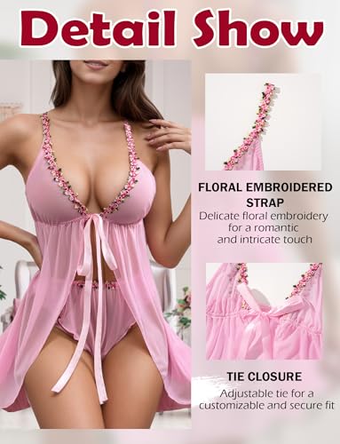 [Maeau] セクシー ランジェリー ベビードール ネグリジェ 透け パジャマ メッシュ ナイトウェア シースル 下着 ショーツ付 二点セット スリップ キャミソール レディース バレンタインデー プレセント - 画像3