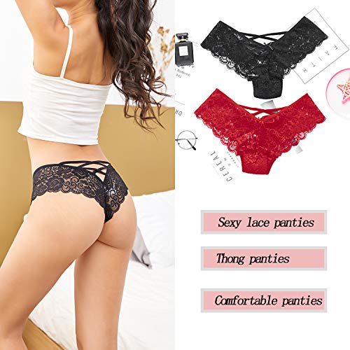 Anna & Eric Floral Lace Sexy V-Back Criss Cross Mid Rise Thong Panties(M,Black+Red) #TOP5