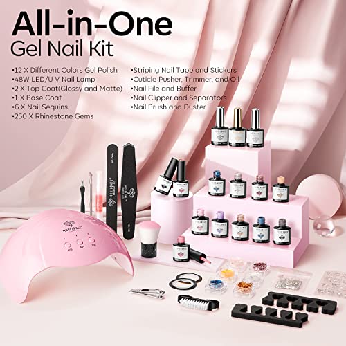 Modelones 35Pcs Gel Nail Polish Kit With U V Light 48W Nail Dryer 12 Colors Pink Glitter Blue Gel Polish Set, Glossy & Matte Base Top Coat/Manicure Tools/Nail Art Decoration/Diy At Home Gift For Women #TOP1