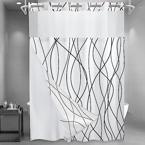 LXBNI Black White Ringless Shower Curtain with Liner, 71 x 86 Inch