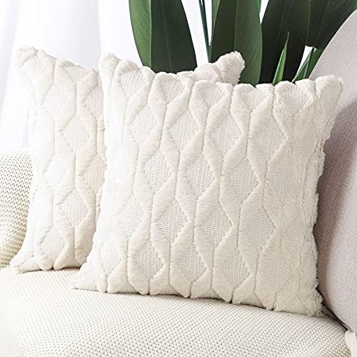 MADIZZ Set of 2 Soft Plush Short Wool Velvet Decorative Throw Pillow Covers 18x18 inch Beige Square Luxury Style Cushion Case Pillow Shell for Sofa Bedroom