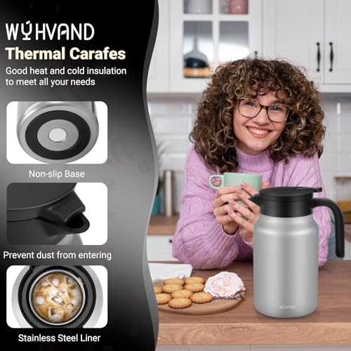 Image of Insulated Coffee Carafe, 51 oz, Keeps Hot for 12H, Silver | Thermal Carafe, One-Hand Pour, Leakproof Lid, Anti-Slip Base for Personal Use