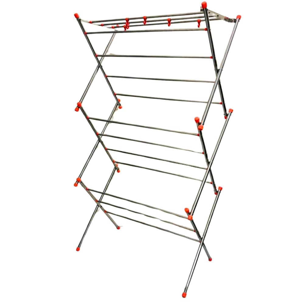 Dervino Zig-Zag 5 Feet Foldable Stainless Steel Cloth Drying 3 Tier Stand for Home with Weather Resistant Pre Assembled Frame Rust Free Portable Rack for Balcony and Indoor use.