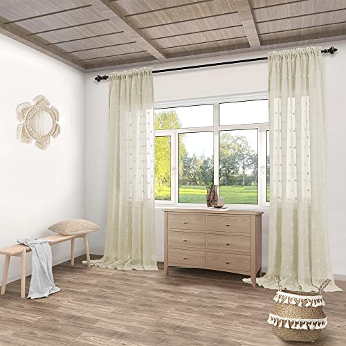 Guken Short Boho Curtains 54 Inch Length For Bathroom 2 Panels Cafe Tier Camper Curtains For Small Windows Boho Polka Dot Textured Curtains Light Filtering Rod Pocket Light Beige Tan 52X54 Inches Long #TOP6