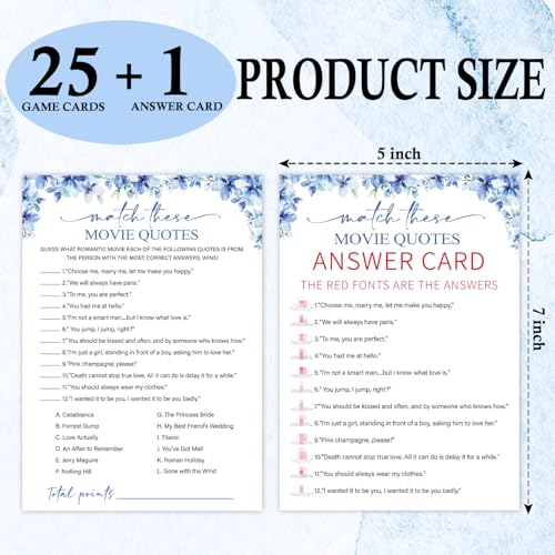 Image of Match These Movie Quotes Bridal Shower Games, 25 Blue Floral Bridal Shower Game Cards & 1 Answer Card, Engagement Party Game for Guests, Wedding Games for Reception, Marriage Party Supplies -15