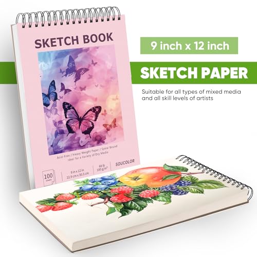 Image of Soucolor Sketch Book 9 inch x 12 inch for Teen Girls, Cute Pink Sketchbook | 100 Sheets Spiral Notebook Drawing Pad|Pastel School Art Supplies for Beginner Artists|Arts and Crafts Gifts Set for Women