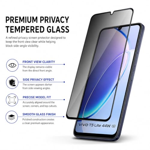 Image of ArmourPro Privacy Tempered Glass for Vivo T5 Lite - Anti-Spy Anti Peeping Screen Protector, 9H Hardness, Edge-to-Edge Coverage, Ultra Thin, Bubble-Free Installation Kit | Black