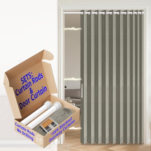 Image of AJAZZ Blackout Accordion Door Interior with Curtain Rods Adjustable 28-52 inch Long, Magnetic Door Curtain for Bedroom Living Room Kitchen Doors Curtains Set, 1 Pack, W52 x L80 in, Grey