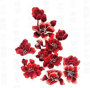 1 Set Large Long Red Magnolia Blossom Floral Lace Fabric Embroidery Trim Applique Lace Motif Venise Embossed Patches for SewingRed Magnolia
