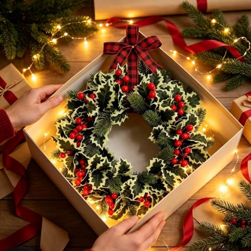 13.78in Christmas Wreath with Berries Plaid Bow for Front Door Wall - image 5