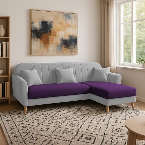 Image of Atticus RHS 4 Seater L Shape Sofa Set for Living Room (Purple Grey Fabric) Premium Fabric Sofa Set