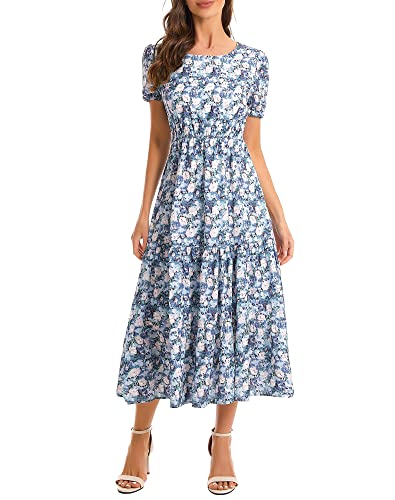 Image of Shineflow Women's Summer Casual Crewneck Floral Print Puff Short Sleeve High Waist Midi Flowy Tiered Dresses