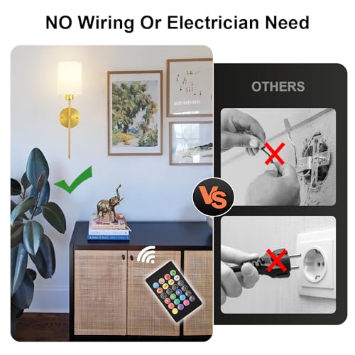 Battery Operated Wall Sconces Set of Two,Wireless Rechargeable Wall Light With Remote Control, Dimmable, Amber Light/Warm White/Natural White/Daylight/RGB, Timer,for Living Room,Bedroom,Entryway,Gold by KARTOOSH - Image 2