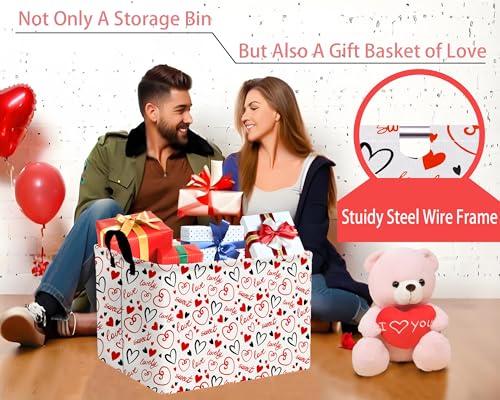 Image of Large Valentine's Day Basket Heart Shaped Storage Bin for Gifts Collapsible Organizer Room Decor (Black Red Empty Lines Love)