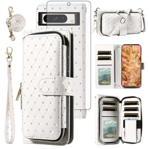 Image of Phone Cover for Google Pixel 8 Pro 5G Wallet Case Cell Zipper with Tempered Glass Screen Protector Crossbody Lanyard Strap Bling Flip Card Holder Slot Pixel8Pro Pixel8 XL Eight 8Pro Women Girls White