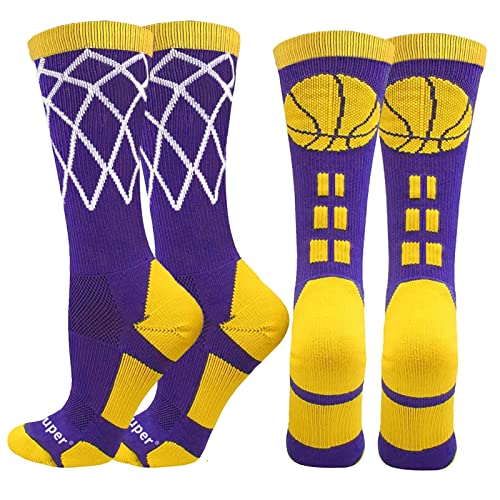 Youper Elite Basketball Socks with Basketball Logo & Net (2 Pairs), Athletic Crew Socks for Men, Boys, Women & Girls