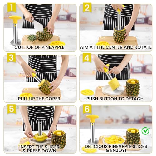 Image of CUNSENR Premium Pineapple Corer and Slicer Tool - Pineapple Cutter with Sharp Serrated Tips - Easy to Use & Clean - Stainless Steel Core Remover for Pineapple - Slice and Core Fruits with Ease(Yellow)