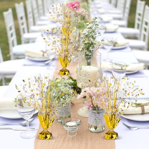 Image of Canlierr 6 Pcs Metallic Foil Spray Centerpiece Party Happy Birthday Gold and Silver Small Star Table Decorations Burst Centerpieces with Emerald Willow Suitable for Birthday Party Season Holiday