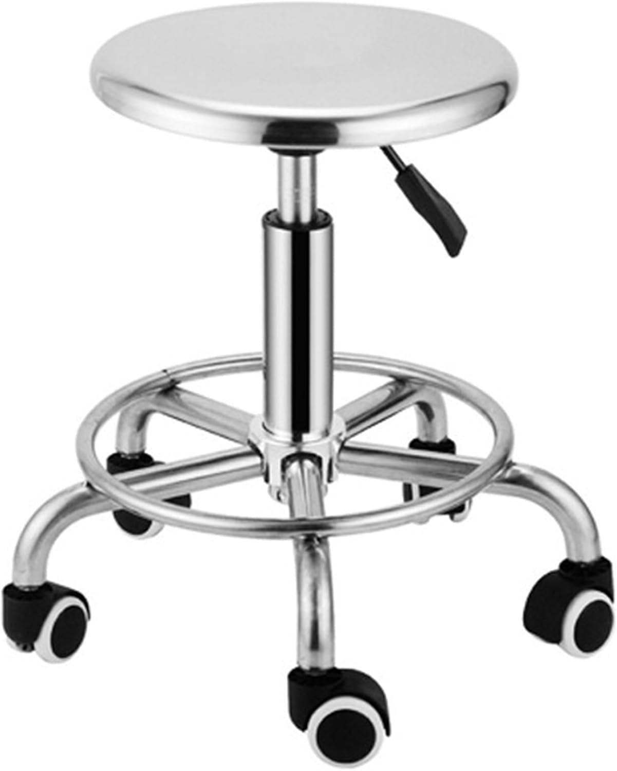 Rolling Stool with Wheels, 304 Stainless Steel, Steel Stool for Work Bench, Adjustable Swivel Stool Medical 5 Wheels Load-Bearing 440 Ib, for Office, Hospital, School, Home Use,Silver
