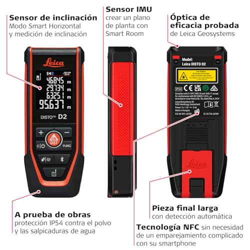 Leica DISTO D2 - Metro láser multifunción con NFC y Bluetooth (para uso de aplicaciones), pieza final desplegable (detección automática) y sensor de inclinación para mediciones en interiores - imagen 3