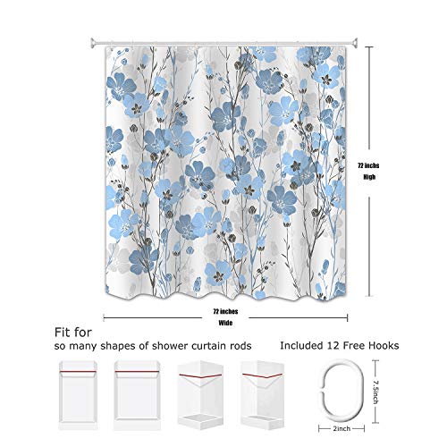 Sufancy Blue And Grey Shower Curtain, Watercolor Floral Bathroom Curtain Navy Blue And White Shower Curtains Set With Hooks, Heavy Weighted Waterproof Polyester Fabric Bathroom Art Decor 72X72 Inches #TOP1