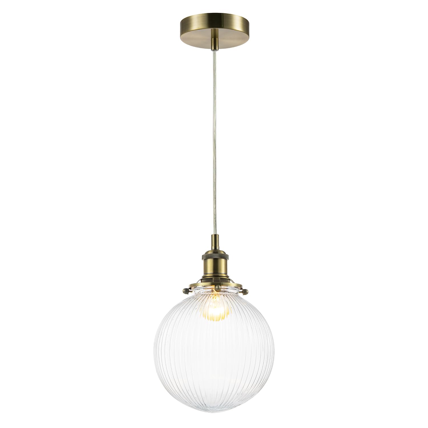Antique Brass Lantern Pendant Light - Ribbed Glass Shade - Adjustable Height - Gold