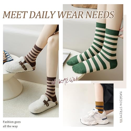 Image of 5 Pairs Vintage Style Colorful Striped Socks for Women, Cute Athletic Crew Socks