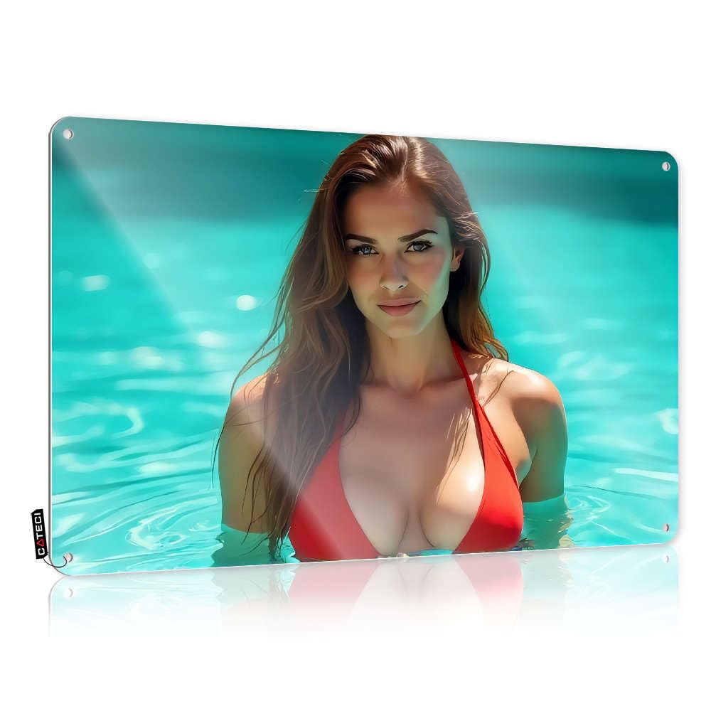 Metal Sign Urban Cartoon Rustic Humor Decor Retro & Sport Hanging Folded Edge : Woman In Red Bikini By Pool. Wall Man Cave | Dark Garage