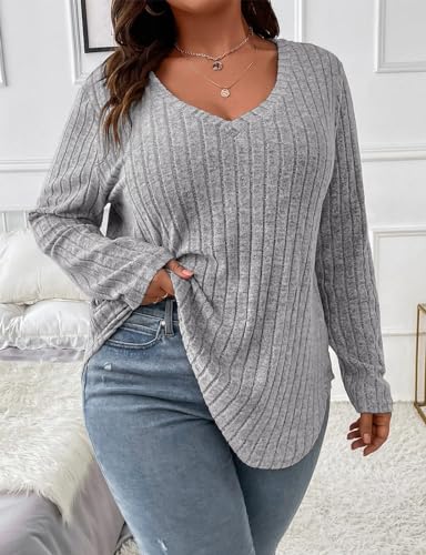 Image of Koscacy Women Plus Size Casual Knit Sweater V Neck Solid Color Tops Lightweight Long Sleeve Blouses