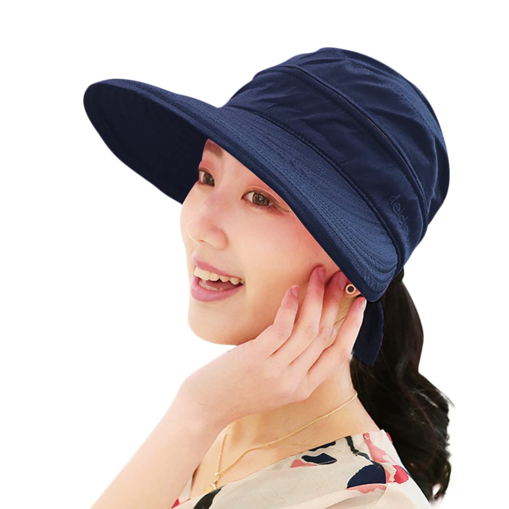 Xinchia Women's Dark Blue Sun Visor Hat Wide Brim Summer Uv Protection Cap Golf Visor Hat Beach Visors Cap For Removable Topless Foldable Summer Travel Hats Packable Bucket With Bowknot