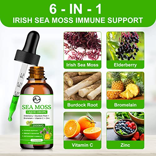 Sea Moss Liquid Drops - Irish Sea Moss 2000Mg With Elderberry, Burdock Root, Bromelain, Vitamin C And Zinc - 98 Essential Minerals Seamoss Supplement For Immune, Joint, Digestion, Aging Support - 2Oz #TOP2