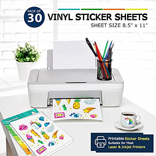 Image of Premium Printable Vinyl Sticker Paper for Inkjet and Laser Printer - 30 White Matte Sticker Paper Waterproof - Excellent Adhesion Paper 8.5 x 11, Fast Dry, Holds Ink Well, Great for Cutting Machines