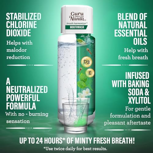 GuruNanda Dual Barrel Breath Harmonizer Mouthwash - Freshens Breath - Alcohol & Fluoride Free with Sodium Chlorite & Essential Oils - Wild Mint Flavor, 20 Fl Oz
