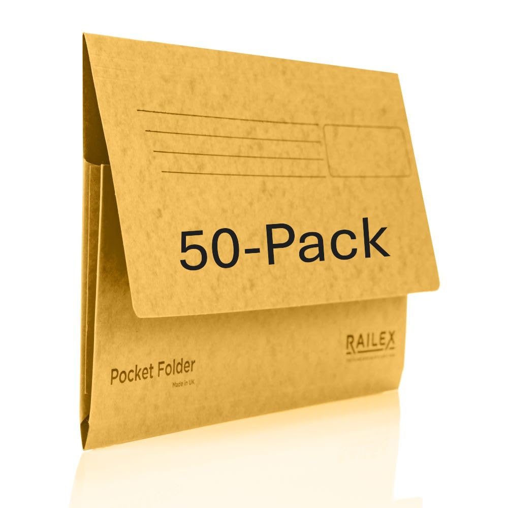 Railex Pocket Folder Foolscap Document Wallets - Gold Folders Pack of 50 for Paperwork A4 and A4+, Recycled Board File Foolscap Document Wallet, Premium Filing Folder for Office and Home