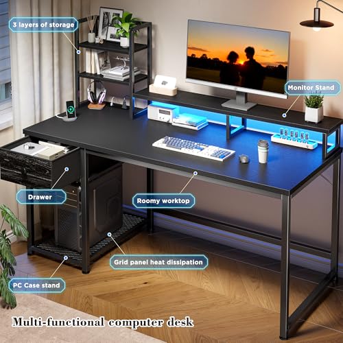 Image of EnHomee 55 Inch Gaming Desk with Hutch and Drawers,Reversible Computer Desk with Monitor Shelf,Home Office Desks with USB Power Outlets and Storage,Pc Work Desk for Office with LED Lights,Black