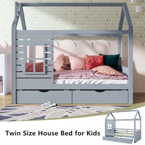 Aoowow-Twin-Size-Kids-House-Bed-with-2-Drawers-Wooden-Platform-Twin-Bed-Frame-with-Window-and-Roof-for-Bedroom-Modern-Twin-Size-Kid-Playhouse-Bed-with-Slats-for-Boys-Girls-Can-be-Decorated-Grey Aoowow Twin Size Kids House Bed with 2 Drawers Wooden Platform Twin Bed Frame with Window and Roof for Bedroom Modern Twin Size Kid Playhouse Bed with Slats for Boys Girls Can be Decorated Grey