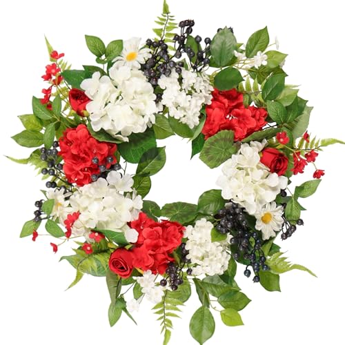 Pudate 22IN Patriotic Wreath Red Hydrangeas White Flowers Blue - Spring Summer Front Door Wreath - Silk Handmade Farmhouse Outdoor Independence Day Decor Gift