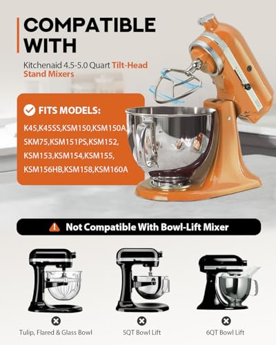 Image of Flat Beater Replacement Fit for Kitchen aid 5Qt Bowl Paddle Attachment for Tilt-Head Stand Mixers K45B,Stainless Steel Pastry Beater /No Coating /Dishwasher Safe
