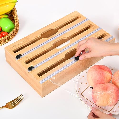 EZ-UNIQUE Bamboo 3in1 Wrap Organizer With Cutter For Foil, Wax Paper And Cling Wrap. Plastic Wrap Organizer, 3in1 Wrap Dispenser With Cutter For 12” rolls, Ideal For Kitchen Storage Organization