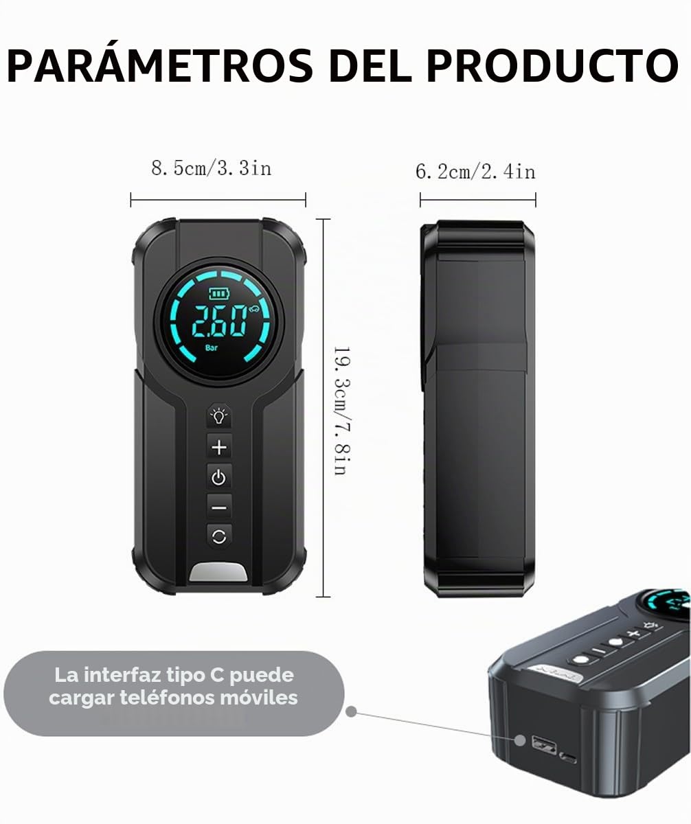 Arrancador BateríA Coche PortáTil con Compresor Aire, Arrancador BateríA Coche 10000 mAh (5,0 Gasolina/3,0 L DiéSel), Caja Salto Pico 12 V 1000 A, Arrancador BateríA Coche con Pantalla(Black)