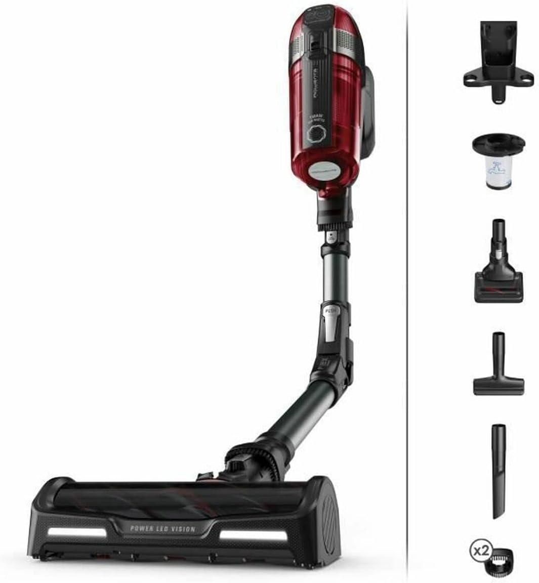 Rowenta RH98A8 X-Force 12.60 Animal Care, Aspirapolvere Senza Fili, 150 Air Watt, 45 min di Autonomia, Tecnologia Flex, Display di Controllo, Rosso Grigio