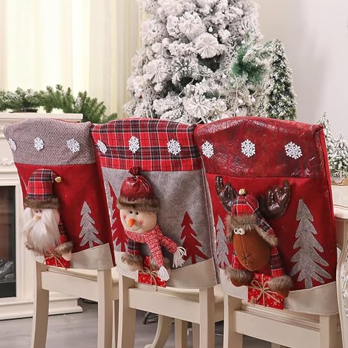 PRTECY Christmas Chair Back Covers Set of 6, 3D Cute Santa Claus Snowman Reindeer Xmas Dinner Chair Covers Christmas Dining Chair Slipcovers for Home Kitchen Holiday Festive Party Decorations