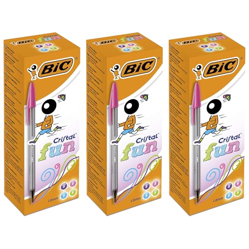 BIC Cristal Fun - Bolígrafos de plástico coloridos para adultos, punta de 1,6 mm, para escritura suave, colores surtidos, 20 unidades, bolígrafos de cristal para la escuela, oficina, paquete de 3 (60