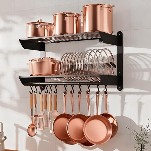 YIGII Pot and Pan Organizer with 12 Anti-Drop Hooks, 2 Tier Heavy Duty Pot Rack Wall Mounted, Kitchen Cookware Utensils Hanger Organizers and Storage